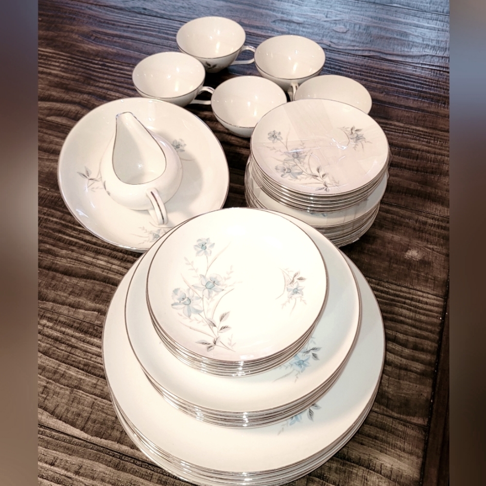 Super Diamond China | White With Blue Floral Design & Silver Rim | 39 Pieces